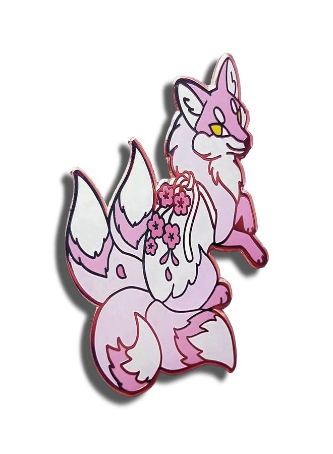 Untitled Pink Four-Tailed Fox Flower Sakura Japanese Enamel Pin Novelty Brooch Buttons Jewelry for Jackets Jeans Backpack Cloth Lapel Bag Hat Gift for Anime Kitsune Lovers Women Girl Boy - Image 1